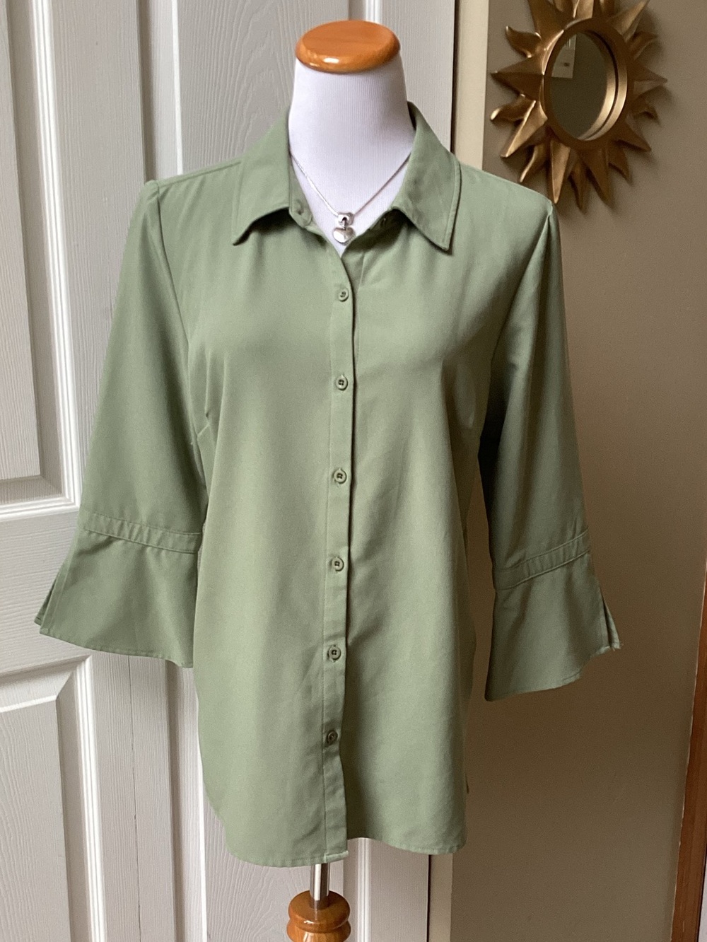 Classic Sage Green Button-Down Shirt with Flared Sleeves